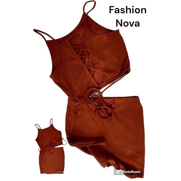 Fashion Nova SZ L Brown 2 PC Crisscross Tie Halter Crop Top Mini Skirt - Picture 1 of 13